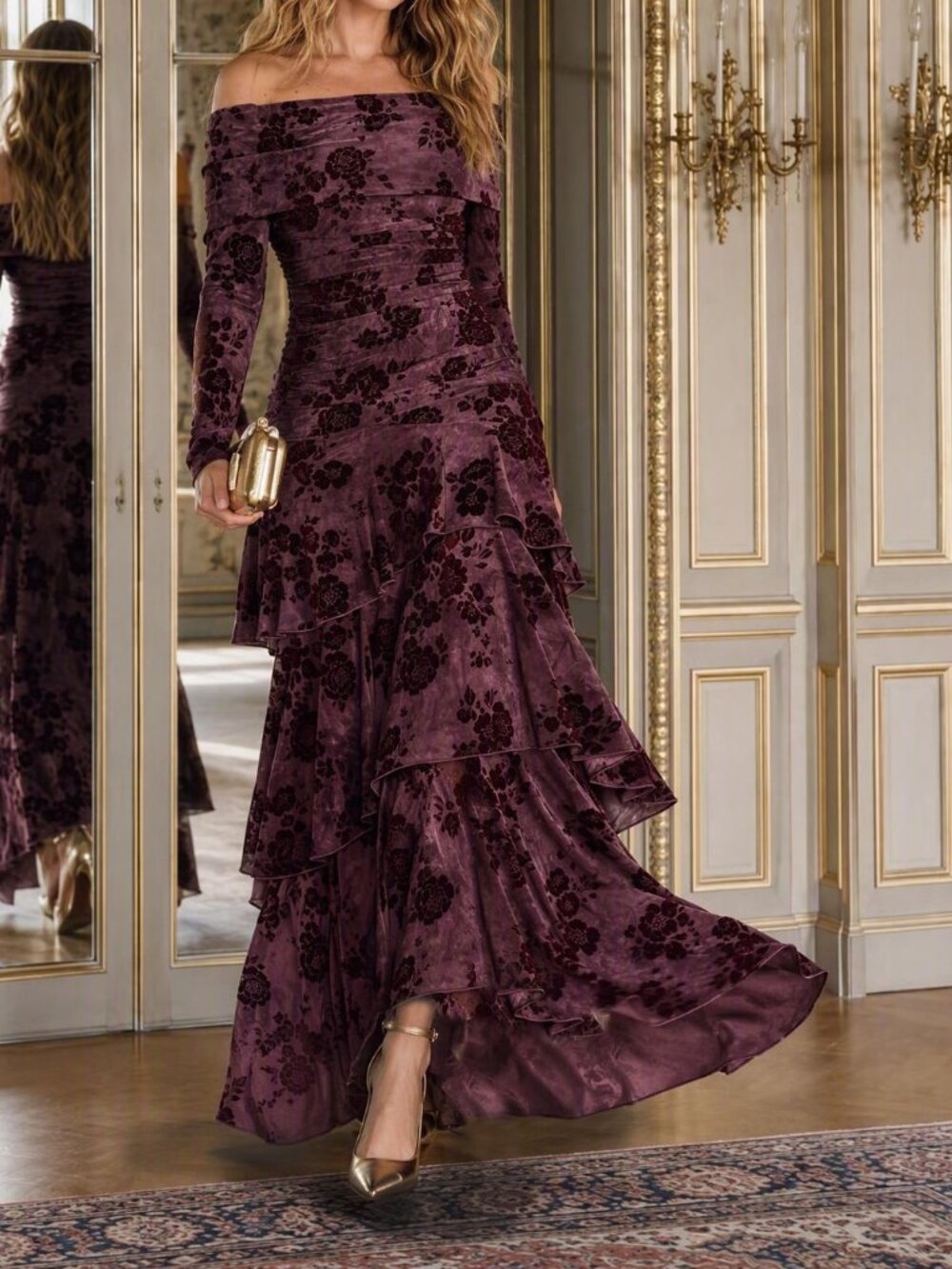 Burgundy Ruched Floral Off The Shoulder High Waist A-Line Dress